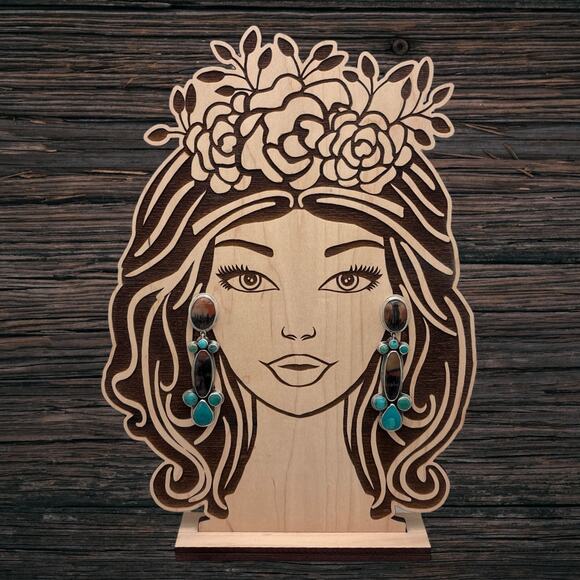 FEDERICO JIMENEZ Sterling Petrified Wood & Turquoise Statement Dangle Earrings - Picture 3 of 3